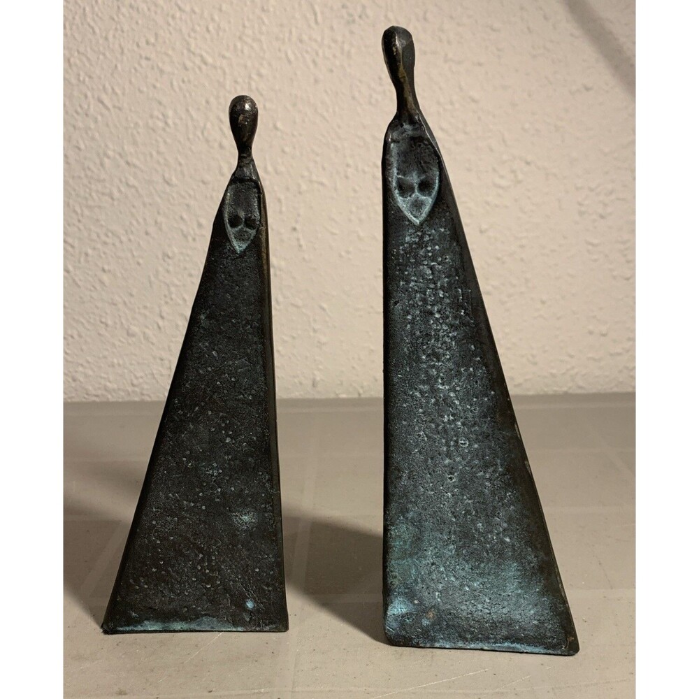 Sydney Kumalo Triangular Bronze Woman Sculpture African Artist 8.5" 7.75" Pair